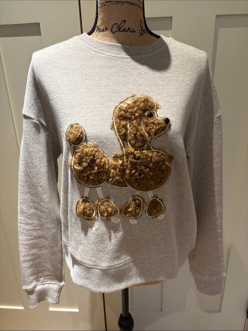 Gray Crewneck Sweatshirt with Brown Poodle Applique